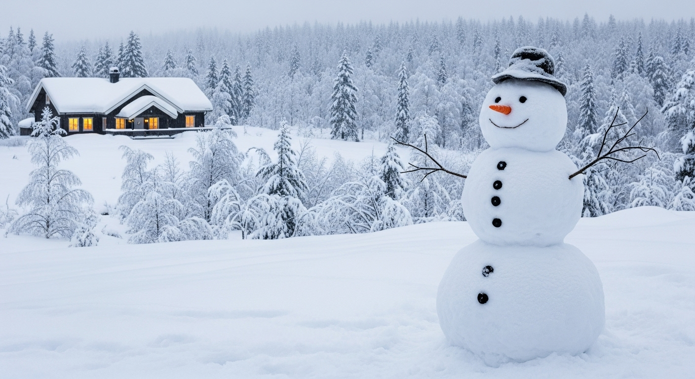 Snow-covered cabin with snowman and winter trees